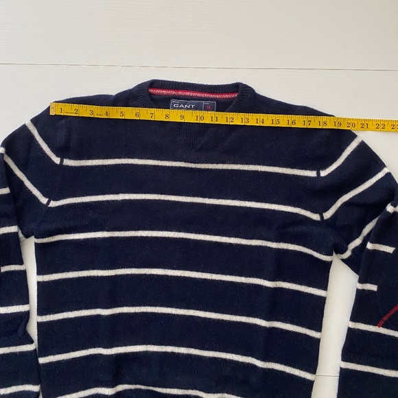 GANT Crew Neck Lambswool Navy Striped Sweater Padded Elbows Sz Large - Picture 15 of 16